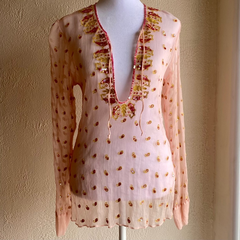 Vintage 90's pale pink sheer silk crinkle chiffon sequined tunic.  Sz M